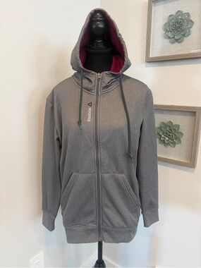 Never Worn! Reebok Grey Zip Hoodie  With Raspberry Hood Lining